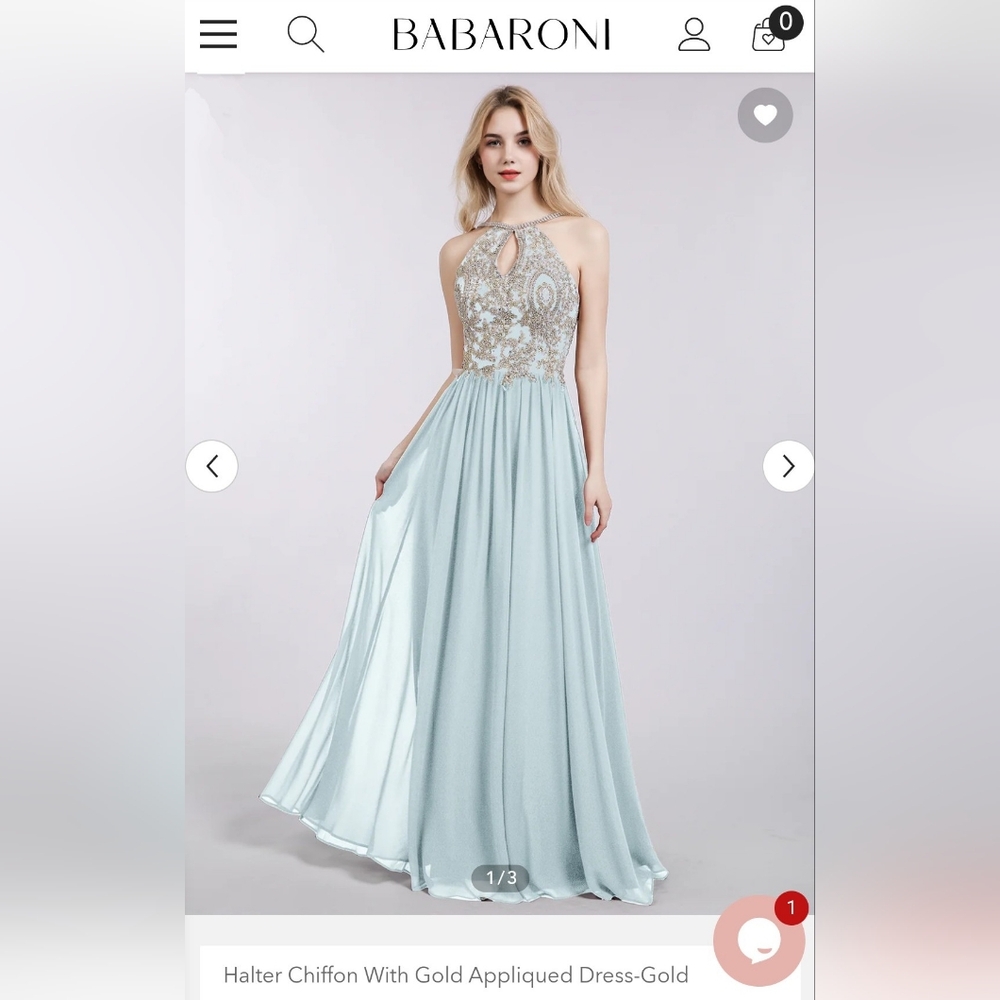 Barbaroni Halter Chiffon with Gold Dress in Mist, Size 8